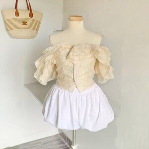 Cream Embossed Off Shoulder Puff Sleeve Top